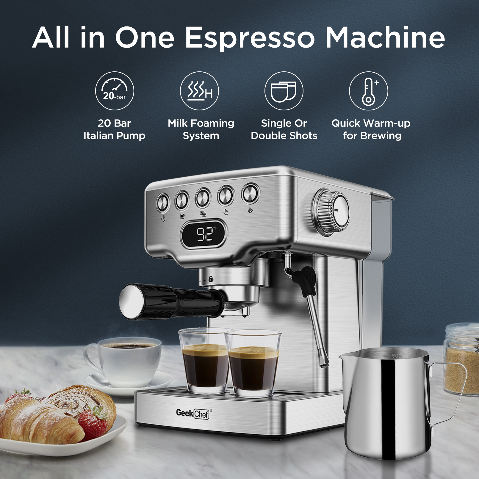 Geek Chef Espresso Machine, 20 Bar Espresso Machine With Milk Frothier